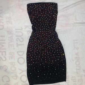black multicolored rhinestone mini dress strapless , by brand banjul